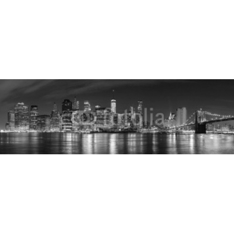 Black and white New York City at night panoramic picture, USA., 114x37, Lienzo, Sin Bastidor, Original, Blanco y negro