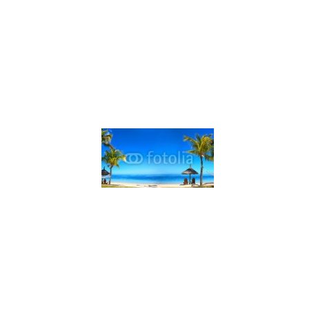 Tropical beach panorama with chairs and umbrellas, 490x260, Vinilo Adhesivo, , Original, Todo color