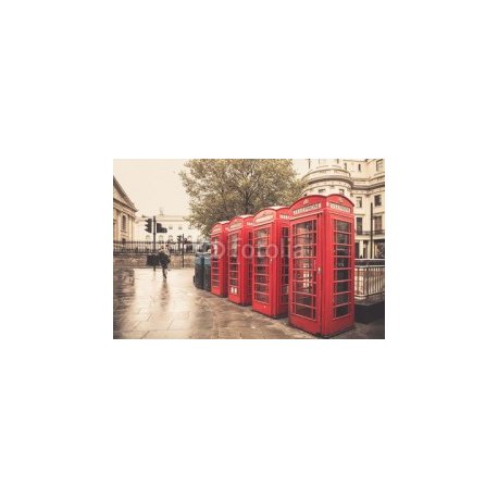 Vintage style red telephone booths on rainy street in London, 300x200, Papel Pared, Acabado LISO, Original, Todo color