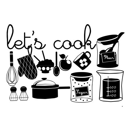 Vinilo cocina cacharros let´s cook, 80x56, Vinilo Autoadhesivo, Colores Especiales, Original, Arenado Plata (Cristales)-