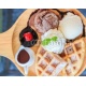 Waffles ice cream and whipped cream topped chocolate chutneyberry served on a wooden tray., 80x63, Papel Pared, Acabado LISO, Original, Todo color