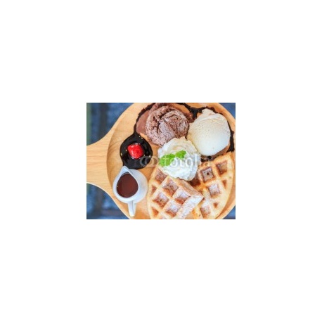 Waffles ice cream and whipped cream topped chocolate chutneyberry served on a wooden tray., 80x63, Papel Pared, Acabado LISO, Original, Todo color