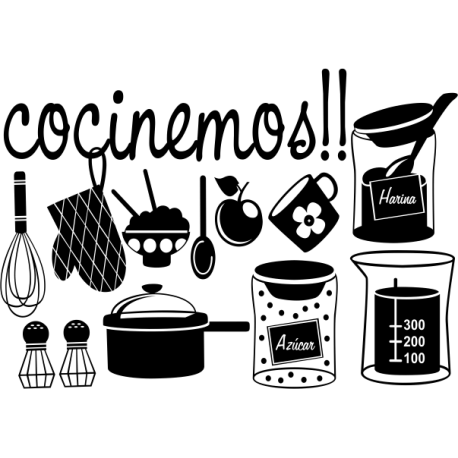 Vinilo cocina cacharros cocinemos, 110x77, Vinilo Autoadhesivo, Mate, Original, Blanco-