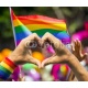 Supporting hands make heart sign and wave in front of a rainbow flag flying on the sidelines of a summer gay pride parade, 233x200, Metracrilato, BASTIDOR TRASERO, Original, Todo color