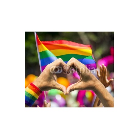 Supporting hands make heart sign and wave in front of a rainbow flag flying on the sidelines of a summer gay pride parade, 233x200, Metracrilato, BASTIDOR TRASERO, Original, Todo color