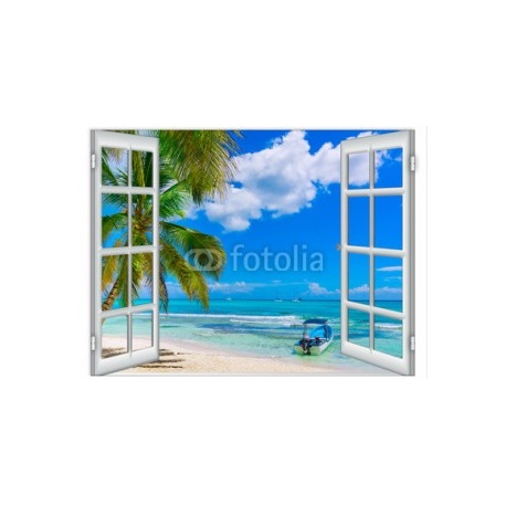 open window to the sea Caribbean Dominican Republic, 110x80, Vinilo Adhesivo, Vinilo Backlight Cristal (montaje por interior y retroiluminar), Original, Todo color