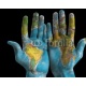 Map of the world painted on hands, isolated on black, 200x160, Vinilo Adhesivo, Laminado Mate (protección arañazos y rayos UVI), Original, Todo color