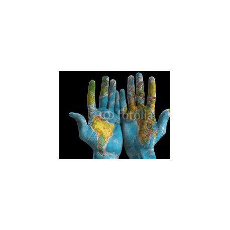 Map of the world painted on hands, isolated on black, 200x160, Vinilo Adhesivo, Laminado Mate (protección arañazos y rayos UVI), Original, Todo color