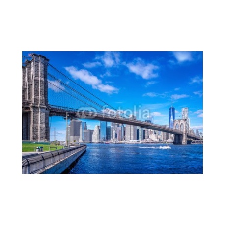 brooklyn bridge in front of manhattan, new york, 90x61, Vinilo Adhesivo, Laminado Mate (protección arañazos y rayos UVI), Original, Todo color