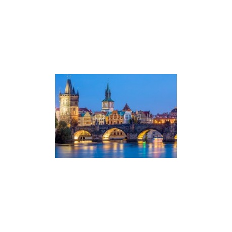 Famous Prague Landmarks - towers and bridge at night, 360x250, Papel Pared, Acabado LIENZO, Original, Todo color
