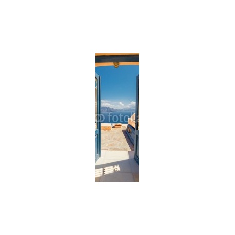 Opened door into summer concept. Oia village on Santorini island, famous and popular Greek resort in Aegean sea. Europe., 72x210, Vinilo Adhesivo, Laminado Brillo (protección arañazos y rayos UVI), Original, Todo color