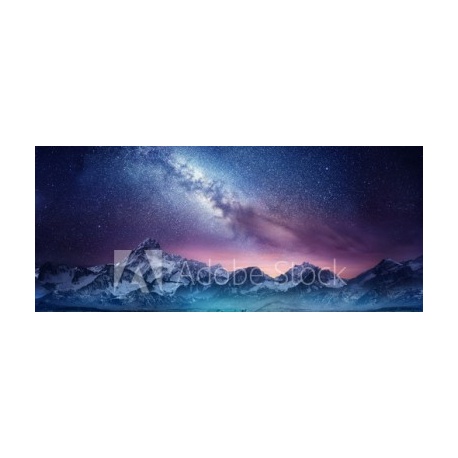 Camping in the mountains under the stars. A tent pitched up and glowing under the milky way. Photo composite., 280x120, Vinilo Adhesivo, Laminado Mate (protección arañazos y rayos UVI), Original, Todo color