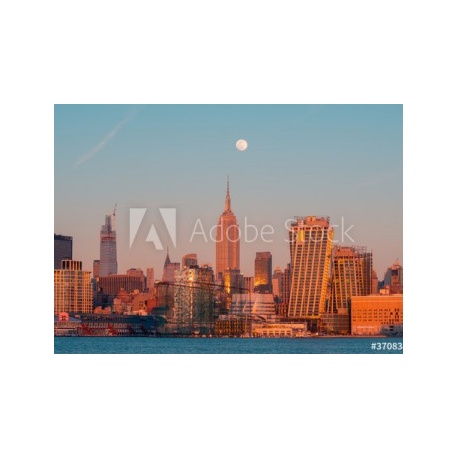 Amazing skyline of New York City with contemporary architecture under night sky with full moon, 84x60, Lona, Lona opaca, Original, Todo color